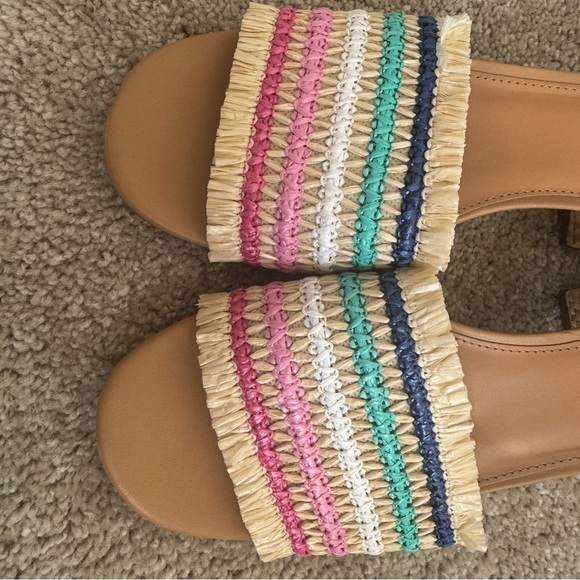 Heeled Sandals slip on woven multicolor raffia fringe size 10 - Picture 5 of 8